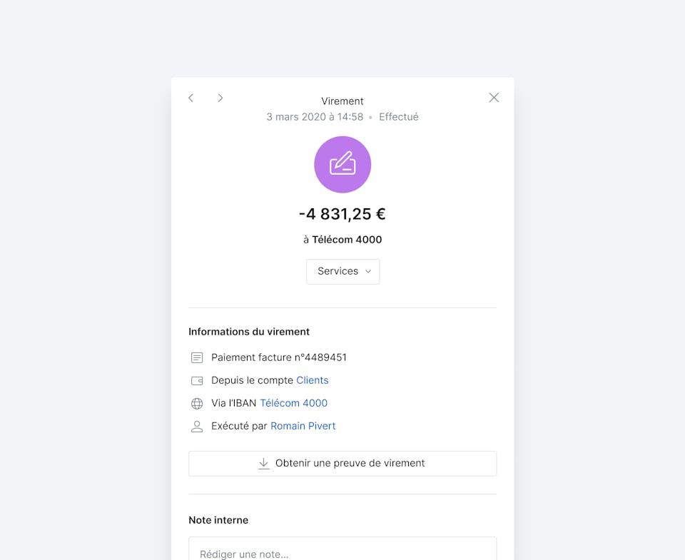 Interface avec bouton pour obtenir une preuve de virement.